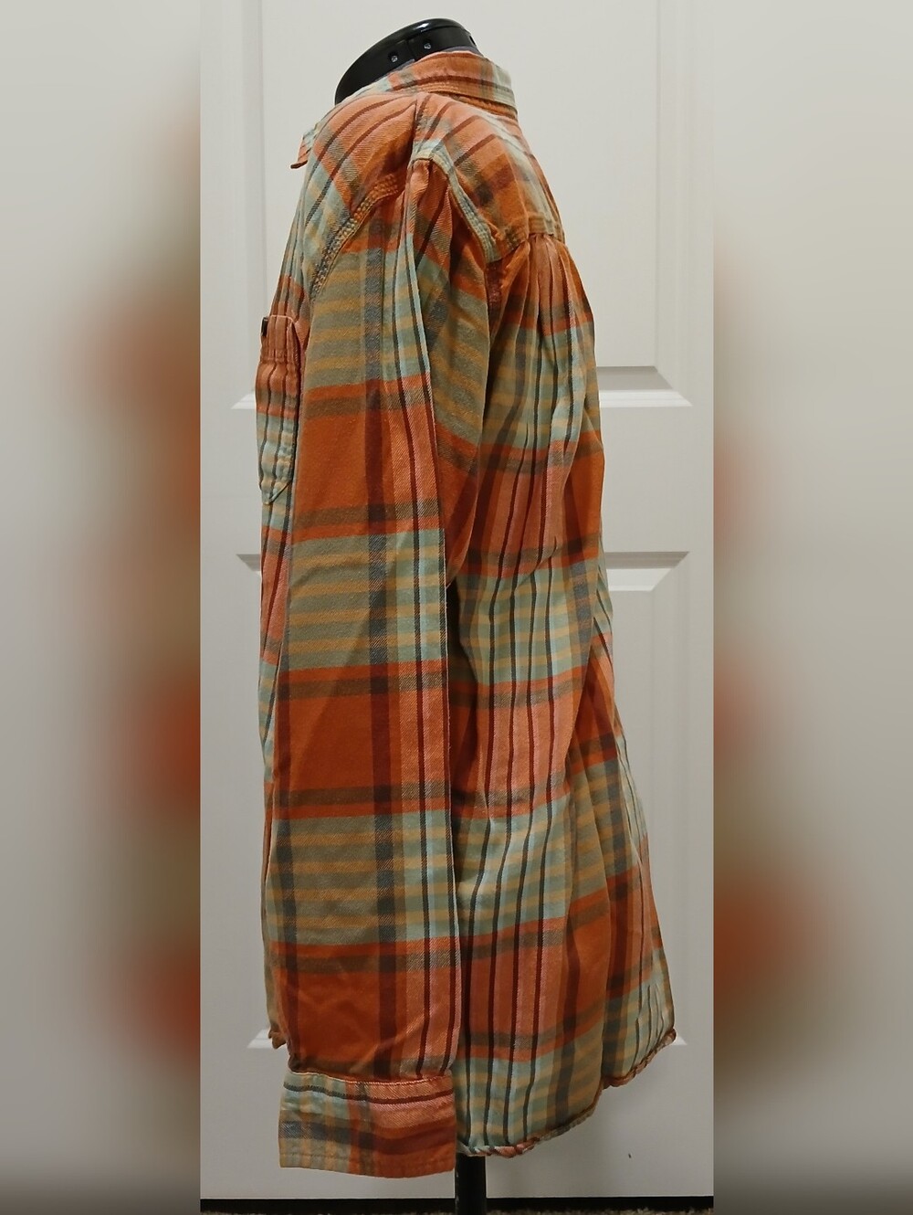 Men's L.L. Bean Plsid Button Down Long Sleeve Orange & Blue Shirt - Picture 7 of 15